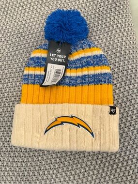 47 Pom Beanie - Cream, Yellow & Blue - Chargers Logo